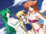  animal_ears arf bandeau beach bikini blonde_hair blue_eyes blush breasts cleavage day facial_mark fate_testarossa flat_chest forehead_jewel forehead_mark green_eyes green_hair large_breasts lindy_harlaown long_hair lyrical_nanoha mahou_shoujo_lyrical_nanoha mahou_shoujo_lyrical_nanoha_a's multiple_girls name_tag o-ring o-ring_bottom one-piece_swimsuit outdoors red_eyes red_hair school_swimsuit swimsuit tail twintails very_long_hair yamaura_tamaki 