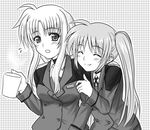  blush closed_eyes cup fate_testarossa greyscale happy hug long_hair lyrical_nanoha mahou_shoujo_lyrical_nanoha_strikers military military_uniform monochrome mug multiple_girls side_ponytail smile surprised sweatdrop takamachi_nanoha tsab_ground_military_uniform uniform yuki_mashiro 