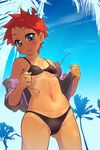  bikini bikini_tan earrings flat_chest fujisaki_mana jacket jacket_over_swimsuit jewelry looking_at_viewer minawa onegai_my_melody open_clothes open_jacket palm_tree short_hair sleeves_pushed_up smile solo swimsuit tan tanline tree wet 