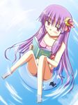  bikini book crescent crescent_hair_ornament hair_ornament long_hair lowres no_hat no_headwear patchouli_knowledge pink_eyes purple_hair solo striped striped_bikini swimsuit toshihiro touhou water 