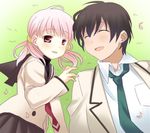  1girl black_hair blush closed_eyes grass jimeko kiriyama_keigo kiriyama_sakura lowres lying necktie on_back on_side pink_hair sakura_musubi school_uniform smile twintails 