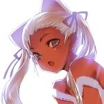  animal_ears bare_shoulders blush cat_ears dark_skin from_behind grey_eyes hair_over_shoulder hair_pulled_back hair_ribbon kawata_hisashi lace long_hair looking_at_viewer looking_down open_mouth original portrait ribbon simple_background slit_pupils solo strap_slip sunlight twintails white_background 