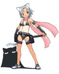  animal_ears armband belt bikini black_eyes blush cat cat_ears cat_tail different_shadow elbow_gloves fantasy fingerless_gloves full_body gloves holding holding_sheath holster legs_apart living_shadow navel one-piece_tan original pouch scarf shadow sheath shoes short_hair simple_background smile sneakers solo standing swimsuit tail tan tanline thigh_holster wang-pac white_background white_hair 