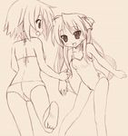  back barefoot bikini brown fang feet from_behind hair_ribbon hiiragi_kagami kusakabe_misao long_hair lowres lucky_star monochrome multiple_girls one-piece_swimsuit ribbon smile swimsuit tomusooya tsurime twintails 