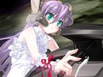  al_azif bow demonbane dress driving frills game_cg green_eyes ground_vehicle headset motor_vehicle motorcycle nishii_(nitroplus) purple_hair red_bow solo white_dress 