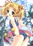  arms_behind_back ass blonde_hair blue_eyes child cloud copyright_request day flat_chest hair_ribbon innertube kamishiro_midorimaru looking_back lowres one-piece_swimsuit outdoors palm_tree ribbon school_swimsuit short_hair short_twintails sky solo swimsuit tree twintails 
