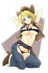  armpits blonde_hair blue_eyes braid breasts cowboy_hat denim fringe_trim full_body hat jeans large_breasts michael original panties pants solo underboob underwear western 