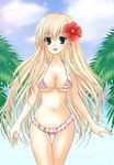  bikini blonde_hair breasts cleavage day flower frilled_bikini frills green_eyes hair_flower hair_ornament large_breasts long_hair mika_mikan ocean original solo swimsuit thigh_gap very_long_hair 