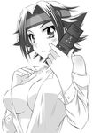  breasts cleavage code_geass greyscale kallen_stadtfeld medium_breasts miyakodori_takayuki monochrome open_clothes open_shirt shirt solo 