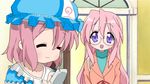  blush closed_eyes contemporary crossover frills giggling glasses hat look-alike lucky_star mob_cap multiple_girls phone pink_eyes pink_hair purple_eyes saigyouji_yuyuko short_hair sweater takara_miyuki takara_yukari third-party_edit touhou triangular_headpiece upper_body 