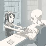  1girl bald book calculator library muted_color original uni 