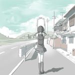  aerial air_conditioner arms_up backpack bag building cloud day from_behind full_body guard_rail house kneehighs muted_color original pleated_skirt road shadow skirt sky solo stretch telephone_pole transformer twintails uni vanishing_point 