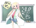  :d blonde_hair blue_eyes chalk chalkboard contrapposto kanikama labcoat long_hair necktie open_mouth pani_poni_dash! pleated_skirt rebecca_miyamoto simple_background skirt smile solo standing translation_request white_background 