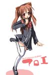  aloe_(quiz_magic_academy) animal_ears black_footwear bow bowtie brown_hair cat_ears character_name copyright_name dress futaru_usagi hand_on_own_face index_finger_raised long_hair long_sleeves mary_janes quiz_magic_academy red_eyes red_neckwear school_uniform shoes short_dress sidelocks sketch solo standing standing_on_one_leg thighhighs twintails white_legwear 