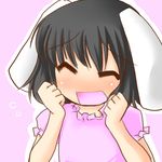  ^_^ animal_ears bangs black_hair blush bunny_ears closed_eyes dress flying_sweatdrops happy inaba_tewi lowres morino_harifu open_mouth pink_background pink_dress puffy_short_sleeves puffy_sleeves short_hair short_sleeves simple_background smile solo touhou upper_body 