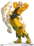  arms_behind_head arms_up blonde_hair boots bracer chaps dio_brando falcoon jacket jojo_no_kimyou_na_bouken looking_at_viewer looking_away male_focus multiple_boys muscle pointy_shoes pose shoes skin_tight stand_(jojo) stardust_crusaders the_world yellow_jacket 