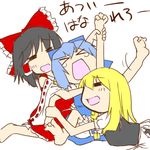  &gt;_&lt; black_hair blonde_hair blue_hair bow cirno closed_eyes hakurei_reimu hug kirisame_marisa lowres morino_harifu multiple_girls mundane_utility tears touhou 