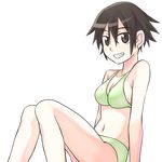  :d bikini breasts brown_eyes brown_hair cleavage collarbone green_bikini grin itami_sumihito knees_up looking_at_viewer medium_breasts navel open_mouth original smile solo stomach swimsuit teeth transparent_background 