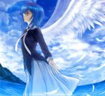  angel_wings blue_hair cloud day dress feathers hairband little_busters! mutsuki_(moonknives) nishizono_mio ocean outdoors sky solo water wings 