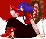  alcohol cup drink egawa_satsuki flat_chest hair_ornament leaf_hair_ornament liquor mirror purple_hair red_eyes rope sakazuki sake sandals shimenawa short_hair solo touhou yasaka_kanako 