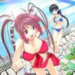  :d bikini black_hair blue_eyes braid breasts cleavage copyright_request drain_(object) fang foreshortening kabocha_(monkey4) large_breasts long_hair multiple_girls open_mouth pink_hair pool poolside pulling red_eyes ribbon side-tie_bikini smile swimsuit twintails wardrobe_malfunction 