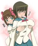  :d ^_^ amami_haruka artist_request blue_sailor_collar blush breast_grab breasts brown_hair closed_eyes covered_nipples drooling grabbing hagiwara_yukiho hug hug_from_behind idolmaster idolmaster_xenoglossia large_breasts lowres multiple_girls nose_blush open_mouth pleated_skirt sailor sailor_collar school_uniform skirt sleeping smile standing twintails upper_body yuri 