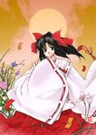  black_eyes black_hair flower full_moon hair_ribbon hakama iris_(flower) japanese_clothes light_smile long_hair long_sleeves miko moon onaya_masakazu red_hakama red_ribbon ribbon ribbon-trimmed_clothes ribbon_trim shikigami_no_shiro sleeves_past_wrists solo tassel wide_sleeves yuuki_sayo 