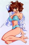  asuka_(viper) barefoot black_eyes blue_panties bra breasts brown_hair cleavage dress_shirt feet katsura_ken'ichirou large_breasts lingerie lying on_side open_clothes open_shirt panties shirt solo strapless strapless_bra toe_scrunch toes underwear viper viper_ctr viper_v10 