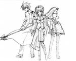  2girls adapted_costume artist_request asclepius caro_ru_lushe emiya_kiritsugu erio_mondial fate/stay_night fate/zero fate_(series) greyscale irisviel_von_einzbern kerykeion lutecia_alpine lyrical_nanoha mahou_shoujo_lyrical_nanoha_strikers monochrome multiple_girls older parody rider strada thighhighs 