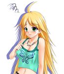  blonde_hair green_shirt hoshii_miki idolmaster idolmaster_(classic) idolmaster_1 long_hair lowres ryuushou shirt solo 