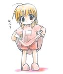  ahoge blonde_hair blush chibi full_body green_eyes heterochromia kajikawa_yahiro lyrical_nanoha mahou_shoujo_lyrical_nanoha_strikers red_eyes shorts simple_background slippers solo standing tareme vivio white_background 