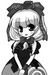  arm_ribbon blush bow chibi dress front_ponytail greyscale hair_bow hair_ornament hair_ribbon kagiyama_hina long_hair looking_at_viewer lowres monochrome nekoyu open_mouth ribbon simple_background solo touhou v_arms white_background 