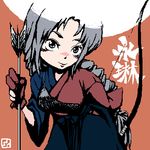  adapted_costume arm_behind_back arrow bangs bent_over blue_hakama blush bow_(weapon) braid brown_background dougi gloves grey_eyes grey_hair hakama head_tilt japanese_clothes looking_at_viewer lowres nose_blush parted_bangs quiver roku_(warrock) seductive_smile smile solo standing touhou weapon yagokoro_eirin 