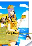  2boys box brown_hair caloriemate cloud copyright_request day drink drinking_straw gloves hat lips multiple_boys purple_hair ryota-h sky smile sunglasses water wristband yellow_eyes 