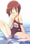  barefoot blush_stickers bob_cut brown_eyes brown_hair flat_chest glasses io_takuya name_tag one-piece_swimsuit original purple_school_swimsuit school_swimsuit short_hair sitting solo spread_legs strap_slip submerged swimsuit water 