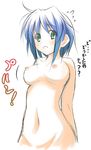  arms_behind_back blue_hair blush breasts green_eyes lyrical_nanoha mahou_shoujo_lyrical_nanoha_strikers medium_breasts mizoguchi_keiji nipples nude purple_hair short_hair sketch solo subaru_nakajima translated 