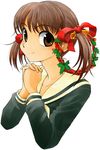  bell bow brown_eyes brown_hair christmas christmas_wreath from_side fukuzawa_yumi gofu hair_bow hair_ornament hands_clasped interlocked_fingers long_sleeves looking_at_viewer maria-sama_ga_miteru own_hands_together school_uniform serafuku short_hair smile solo twintails upper_body white_background 