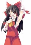  armpits ascot bangs black_hair bow detached_sleeves eating food frilled_bow frills hair_bow hakurei_reimu long_hair one_eye_closed popsicle red_bow red_eyes red_ribbon red_skirt ribbon ribbon-trimmed_sleeves ribbon_trim sarashi seo_tatsuya simple_background skirt solo touhou white_background white_sleeves yellow_neckwear 