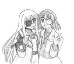  artist_request bodysuit cinque_(nanoha) coat eyepatch gloves greyscale jewelry laguna_granscenic lyrical_nanoha mahou_shoujo_lyrical_nanoha_strikers monochrome multiple_girls necklace numbers'_uniform numbers_(nanoha) sketch 