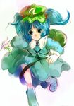 backpack bag blue_eyes blue_hair boots cucumber hair_bobbles hair_ornament hat kawashiro_nitori key nokishita non-web_source short_hair short_twintails simple_background sketch smile solo touhou twintails two_side_up 