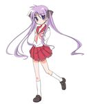 arms_behind_back blue_eyes blush collarbone hair_ribbon hands_clasped hiiragi_kagami himura_kiseki long_hair long_legs lucky_star own_hands_together pink_neckwear pleated_skirt purple_hair ribbon ryouou_school_uniform school_uniform serafuku shy simple_background skirt solo tsurime twintails very_long_hair 