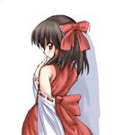  bare_shoulders blush bow brown_hair detached_sleeves finger_to_mouth hair_bow hair_tubes hakurei_reimu looking_at_viewer looking_back red_bow red_eyes red_ribbon red_skirt ribbon ribbon-trimmed_sleeves ribbon_trim ryokushiki_(midori-ya) simple_background skirt solo standing touhou vest 