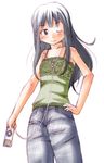  blush camisole denim digital_media_player flat_chest futami_eriko ipod jeans kimi_kiss long_hair nyazui one_eye_closed pants smile solo 