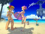  2girls barefoot beach bikini bikini_skirt blonde_hair blue_eyes chrono_cross day dirty_feet double_bun flower kid_(chrono_cross) marcy_(chrono_cross) multiple_girls open_mouth orange_hair outdoors palm_tree redjuice sand sandals serge smile surfboard swimsuit tree 