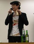  alcohol beer black_hair glasses hat male_focus photo real_life solo zun 