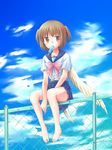  angel_wings barefoot chain-link_fence cloud day dobato fence food original popsicle school_uniform sky solo tsubame_(dobato) wings 