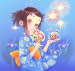  aerial_fireworks bag bagged_fish blue_kimono brown_hair copyright_request covering_mouth fan fireworks fish flower goldfish hair_ornament hairclip iris_(flower) japanese_clothes kimono nishieda paper_fan pink_eyes smile solo uchiwa yukata 