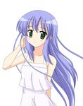  adjusting_hair blue_hair chobi_(angel) dress green_eyes izumi_kanata long_hair lucky_star smile solo very_long_hair 
