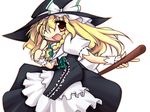  blonde_hair blush bow braid broom brown_eyes curiosities_of_lotus_asia frills hair_bow hat hat_bow kirisame_marisa long_hair one_eye_closed open_mouth side_braid single_braid solo take_tonbo touhou white_bow witch witch_hat wrist_cuffs 