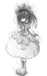  aura boots bow cross-laced_footwear frills front_ponytail full_body greyscale hair_bow hair_ornament hair_ribbon kagiyama_hina kurona long_hair monochrome ribbon simple_background solo standing touhou traditional_media white_background 